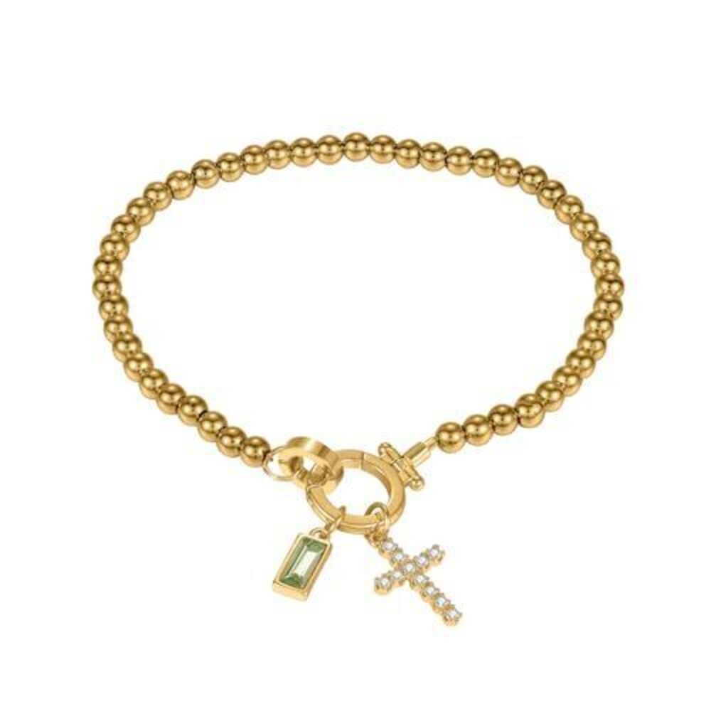 8407 Cross Charm Birthstone Bracelet -18K Gold Plated Stainless Steel